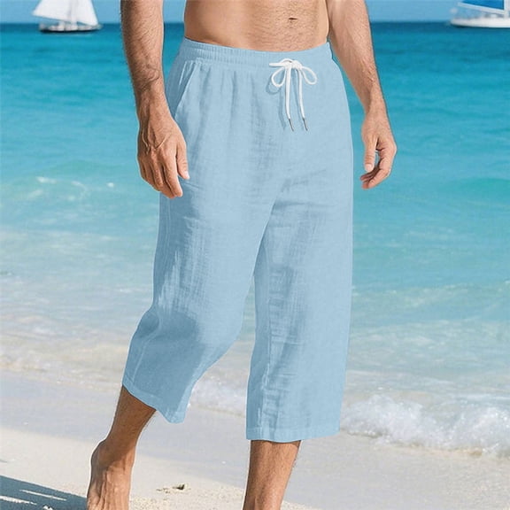 Oiangi Men's Capris Elastic Waist Drawstring Beach Pants Summer Casual 3/4 Knee Length Pants with Pockets Light Blue 2XL