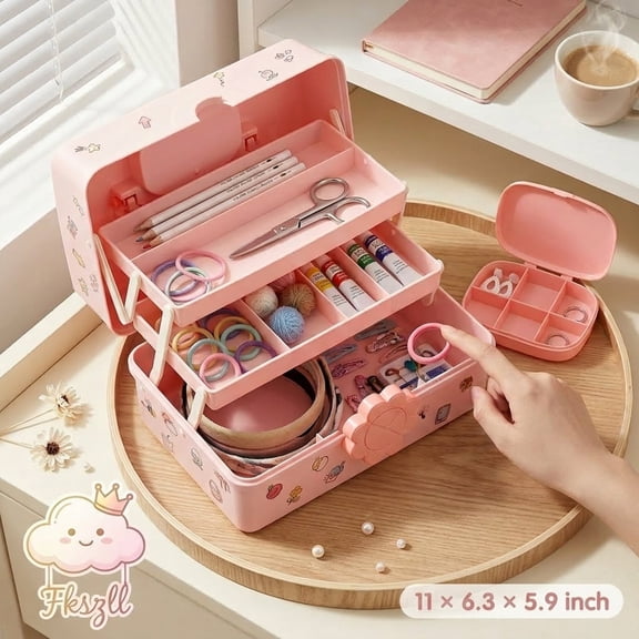 Hair Accessories Organizer for Girls, 3-Tier Portable Craft Storage Box with Handle, Lockable Plastic Sewing & Makeup Organizer, Pink