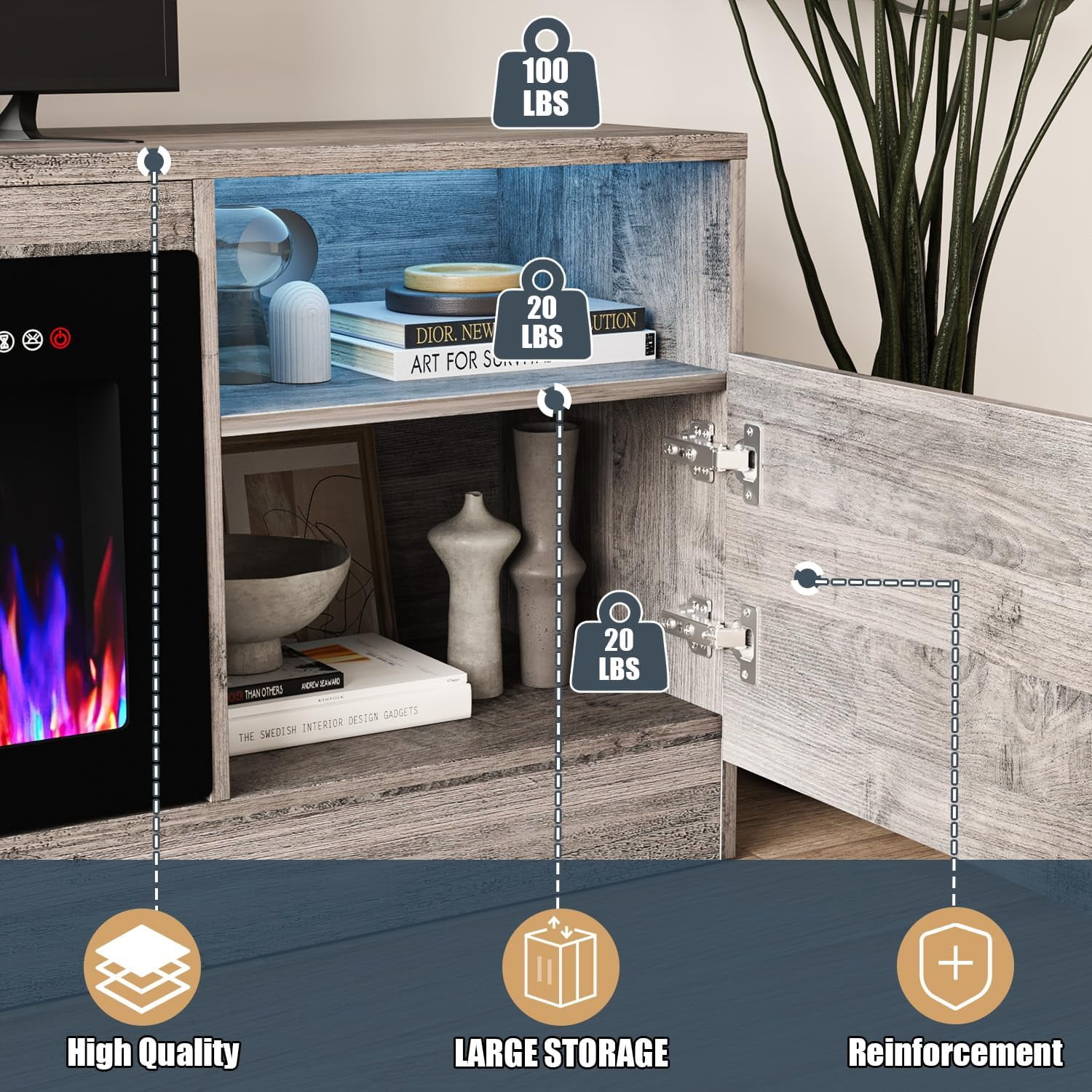 TV Stand with 36" inch Electric Fireplace Up to 80" TVs, LED Light Entertainment Center, 70" Modern Wood High Gloss Fireplace with Highlight Storage Cabinet for Living Room (Grey)