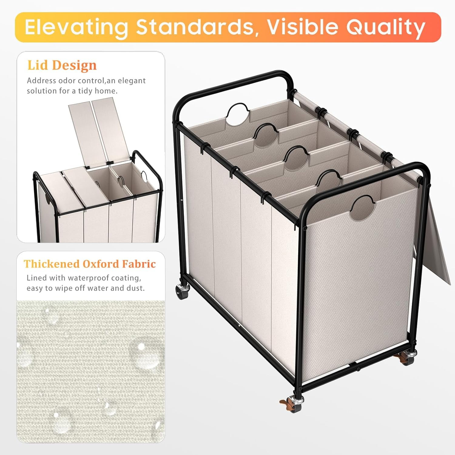 Laundry Sorter 4 Sections 48 Gal, Rolling Laundry Basket with Lockable Wheels and Lid, Laundry Hamper with 4 Separated Removable Bags Dirty Clothes Hamper for Laundry Room Organizer, White