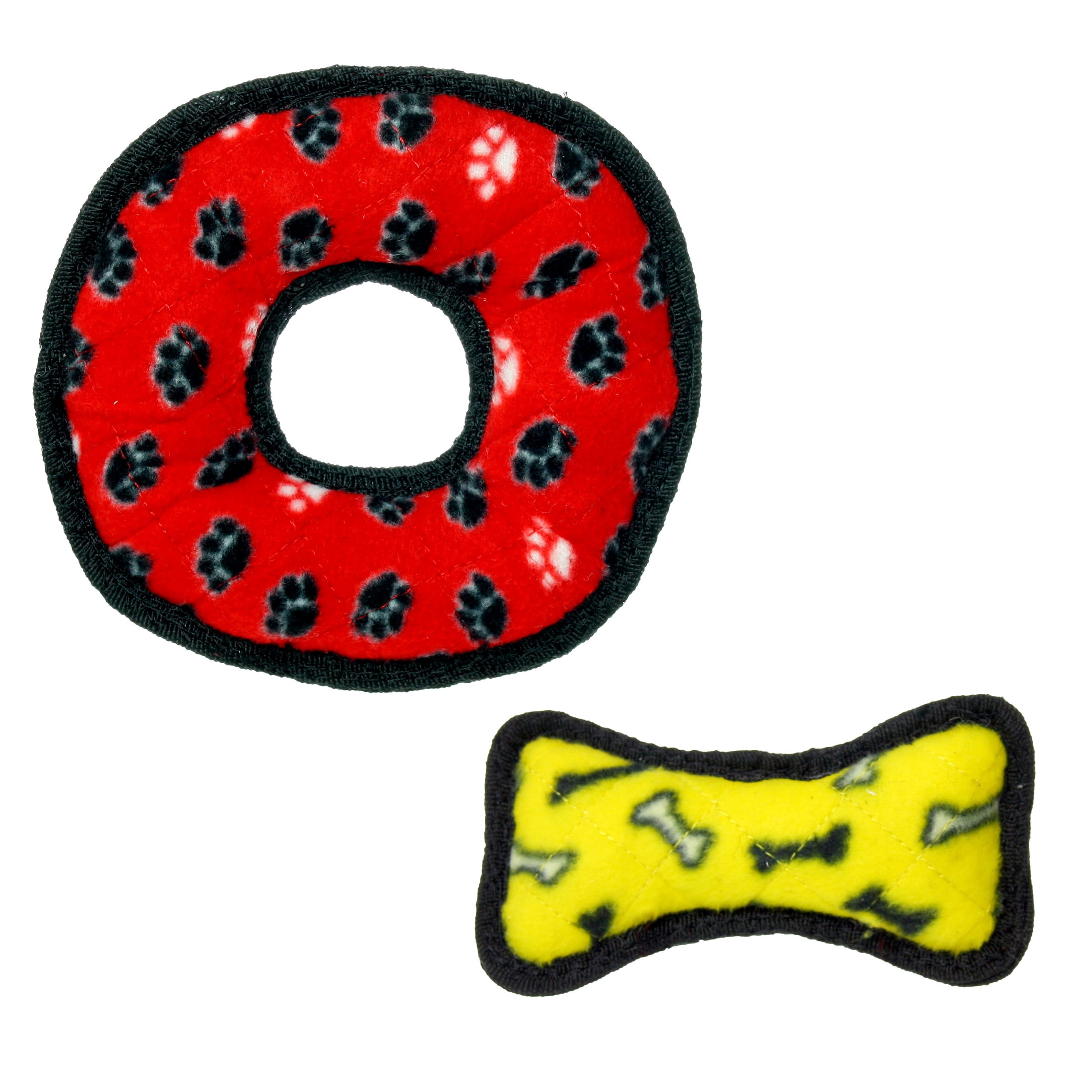 TUFFY Jr Bone Yellow and Ring Red Paw Durable Plush Squeaky Dog Toy, 2 Pack