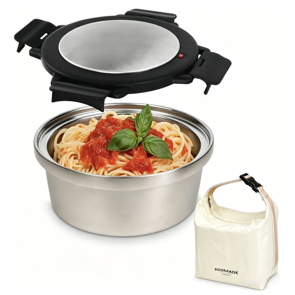 Koomade 28oz Insulated Lunch Box Food Container with Lid & Lunch Box Bag Double Vacuum Round  Bento Box Stainless Steel Silver