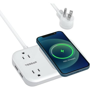 Wireless Charger Small Power Strip 2 USB A Ports, Mini Flat Plug Nightstand Desktop Charging Station with 2 Outlet 4 ft Extension Cord, Compatible with iPhone and Samsung for Dorm Room Cruise