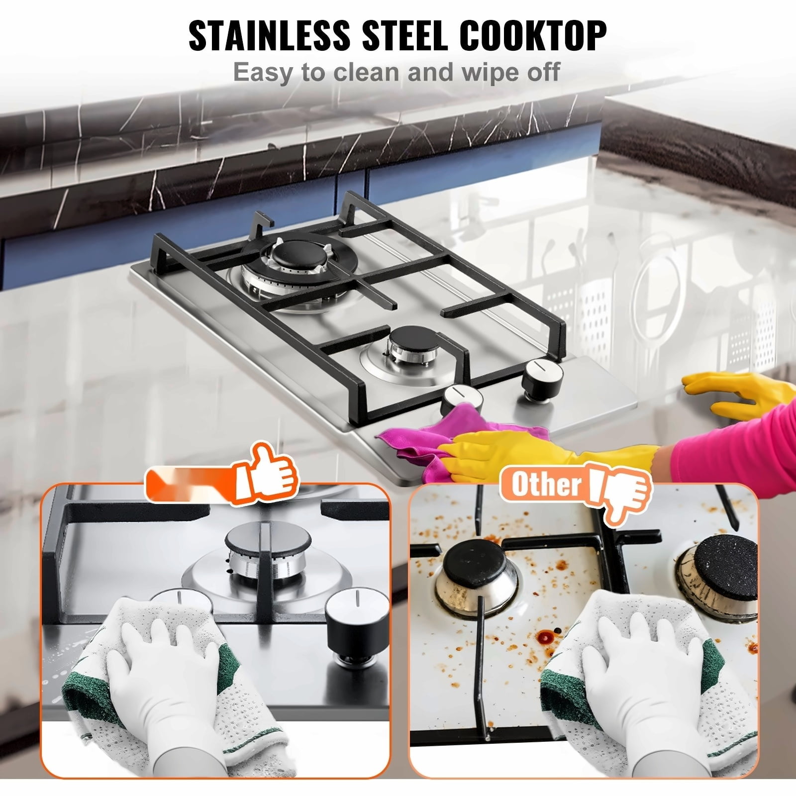Gas Cooktop 12 Inch, 2 Burner Stainless Steel Gas Stove Top, 12250BTU LPG/NG Convertible Built-in Gas Hob with Thermocouple