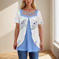 thumbnail image 2 of Mujeres de Verano Tops de Moda Casual Color Bloqueado Impreso Cuello en V Grande de Manga Corta, Blusa Ligera Y Elegante, 2 of 8