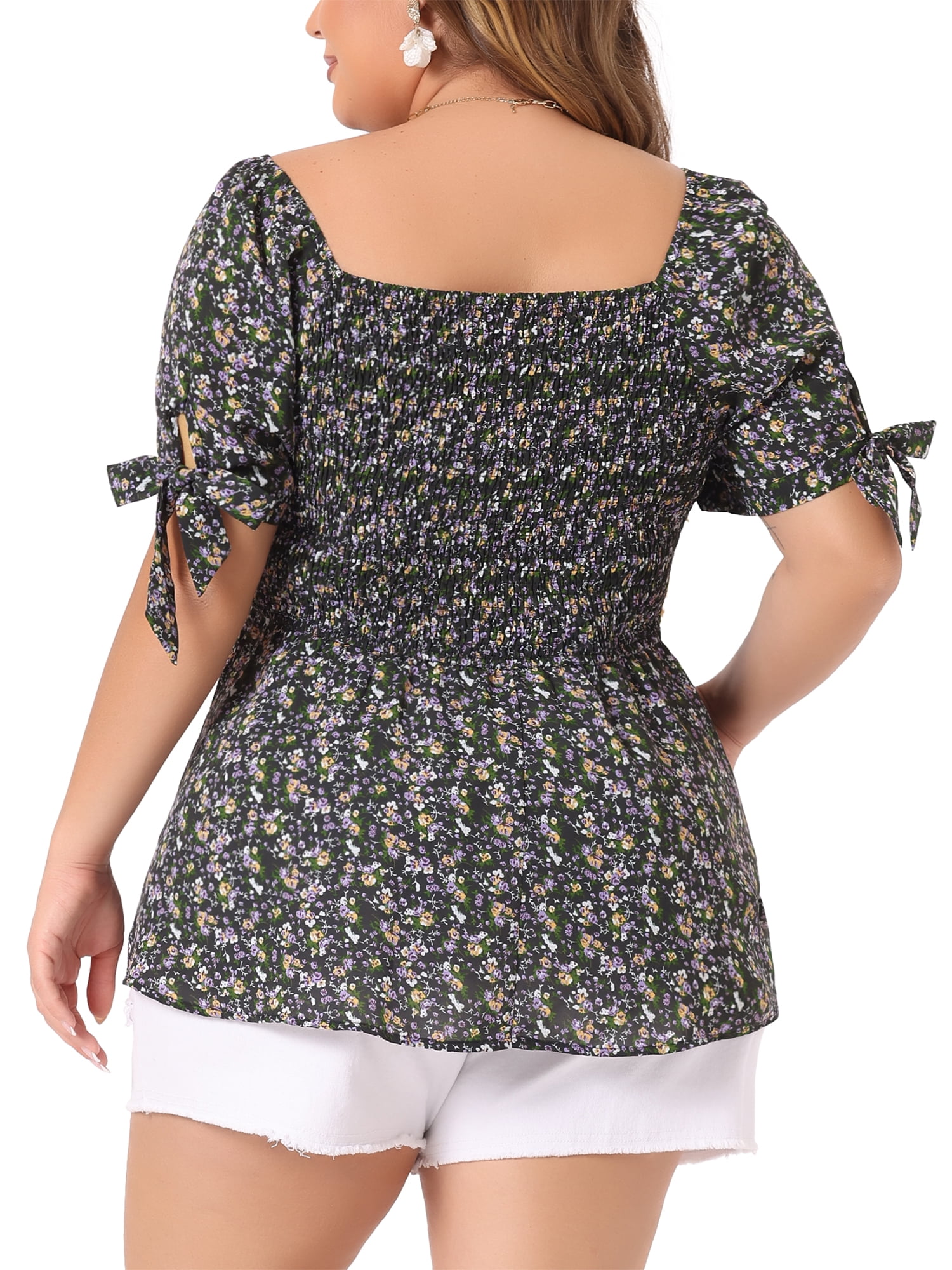 DARING DIVA Women's Plus Size Smocked Bow Tie Short Sleeve Peplum Blouse 3X Black Purple