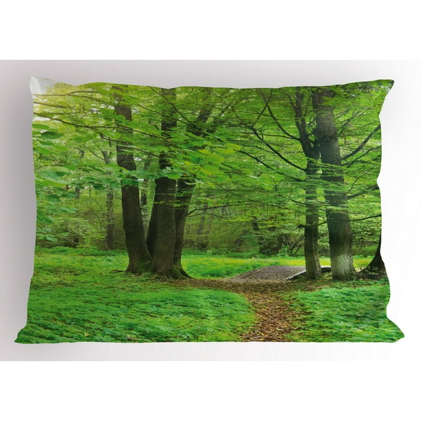 Nature Pillow Sham Summer Season Forest with Flourishing Trees Grass