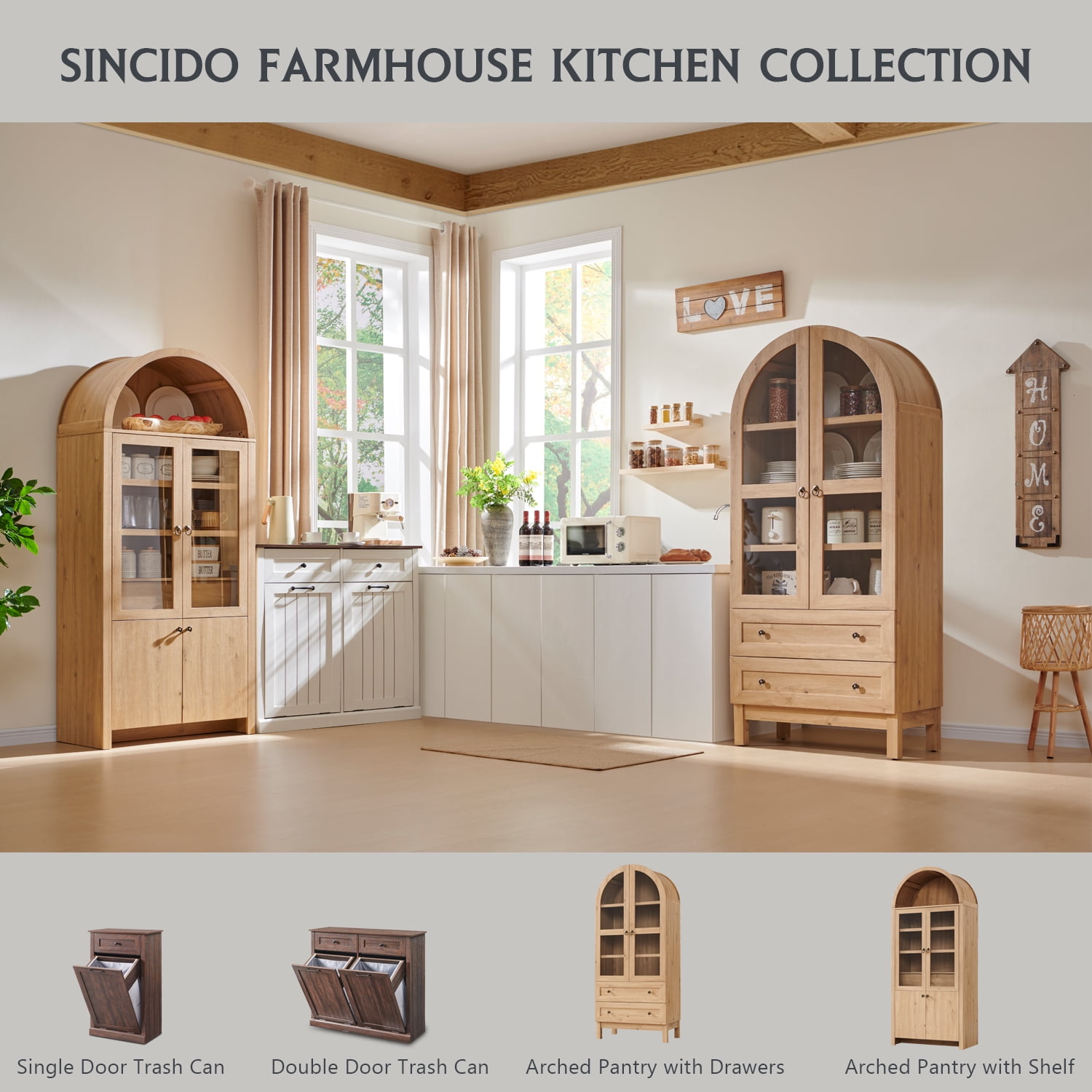 SinCiDo Arched Kitchen Pantry Storage Cabinet, 71" Tall Wood Pantry Shelves with 2 Doors & 2 Large Drawers for Dining Room Living Room