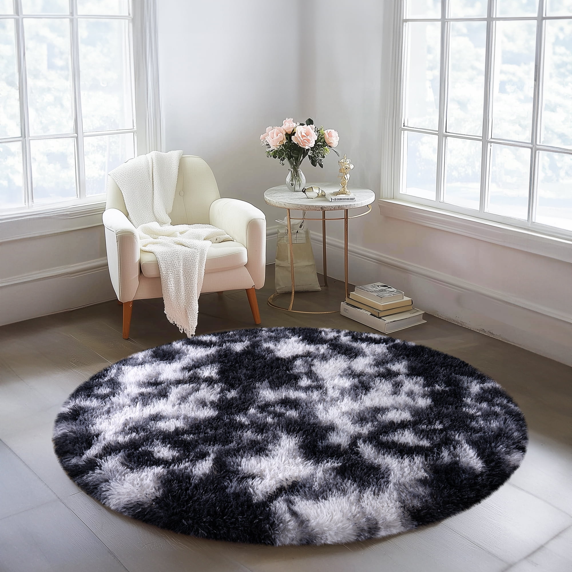 SARAG 4x4ft Round Rug for Bedroom,Furry Carpet for Children Kids Room,Cute Soft Shaggy Area Rug for Girls,Tie-dye Black and White