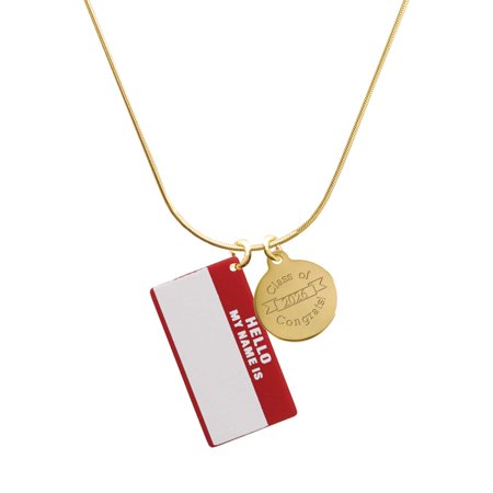 Delight Jewelry Acrylic Red "Hello" Name Tag - Goldtone Engraved Congrats Class of 2026 Charm Necklace, 18"