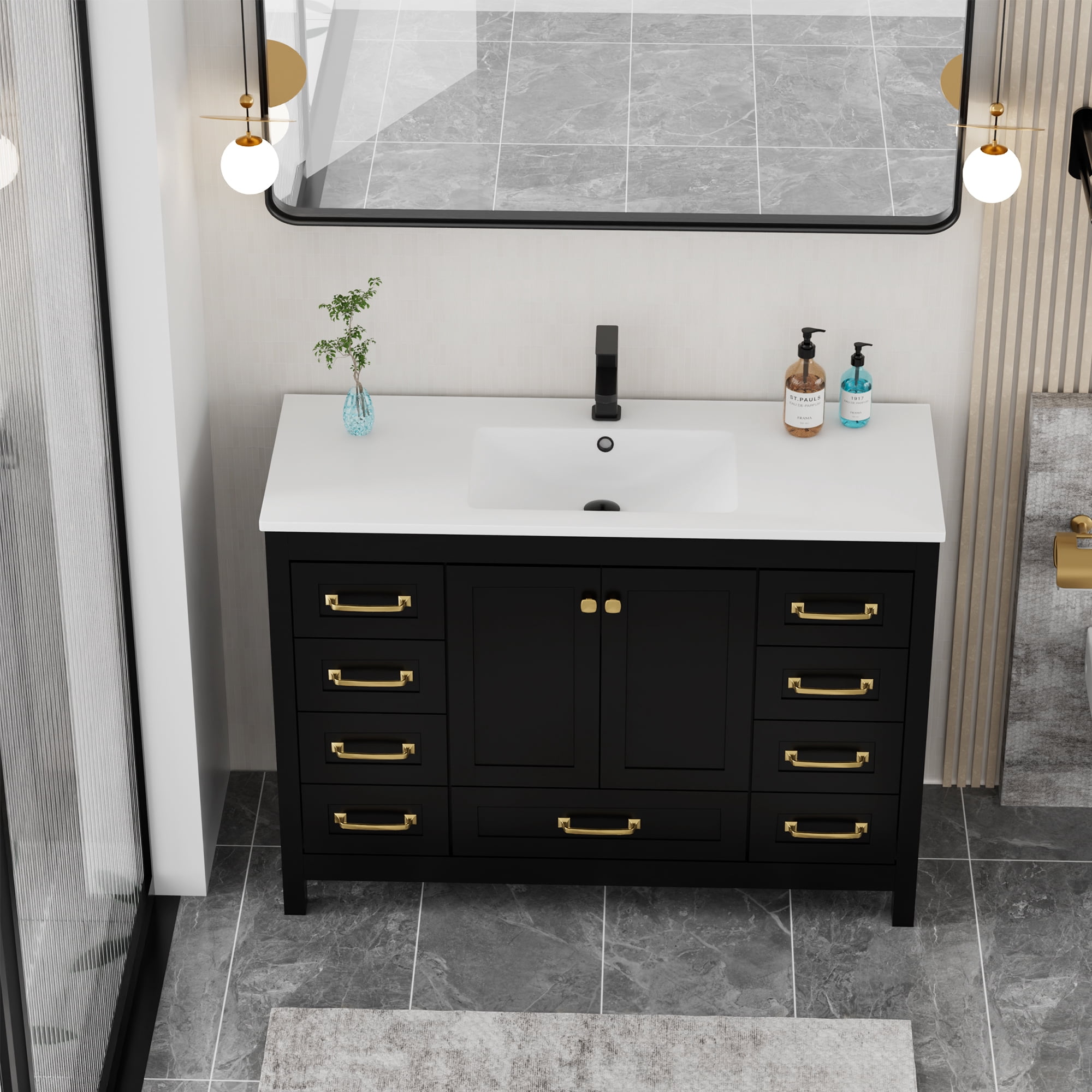 Eclife 48" Freestanding Bathroom Vanity with Integrated Sink Top, Multi-Compartment Storage, Zinc Alloy Faucet