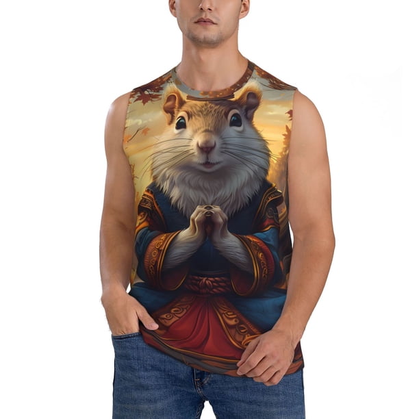 Balery Maple Leaf Meditating Squirrel Camisetas sin mangas para hombre, absorbe la humedad y protege contra el mal olor.-Medium