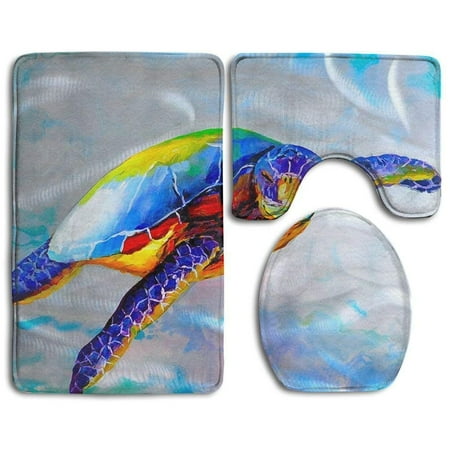 Sea Turtle Bathroom Rug PUDMAD Colorful Sea Turtle 3 Piece Bathroom Rugs Set Bath Rug Contour Mat and Toilet Lid Cover ()