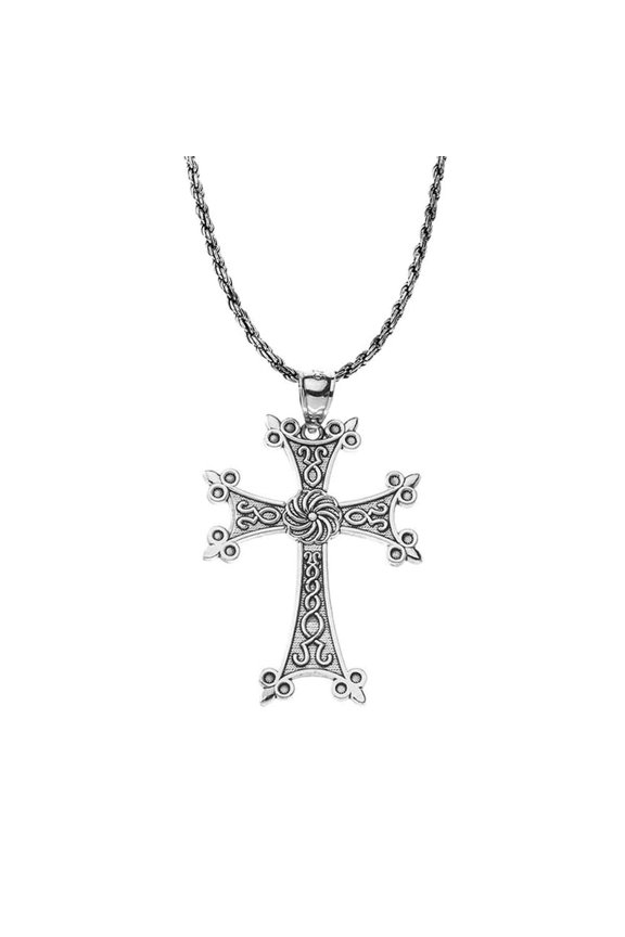 OXIDIZED ETERNITY ARMENIAN CROSS "KHACHKAR" STERLING SILVER PENDANT NECKLACE :  Pendant with 16" chain