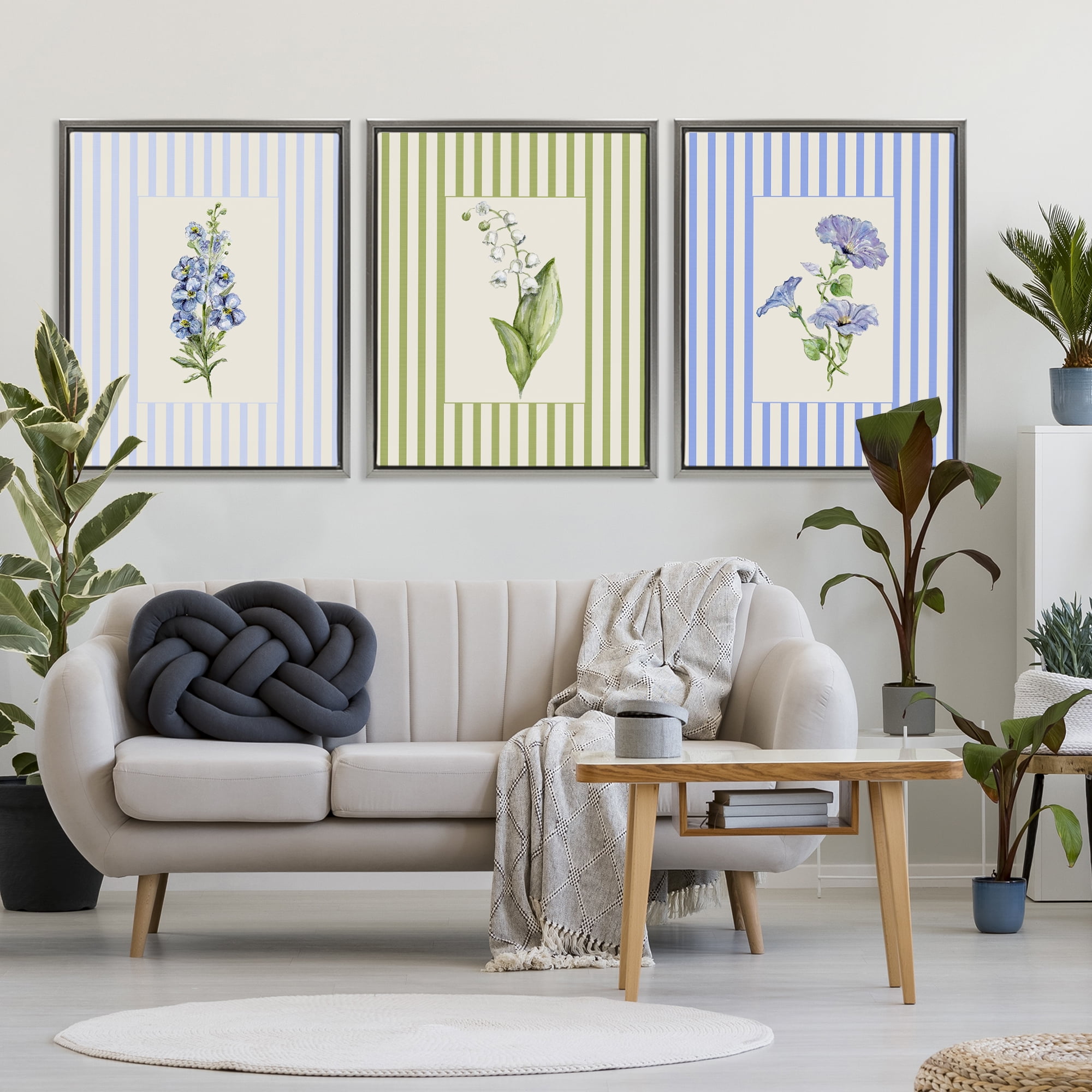 Soft Stripe Cottage Blooms 3 Piece Gray Framed Floater Canvas Set, design by Lisa Wehmeyer