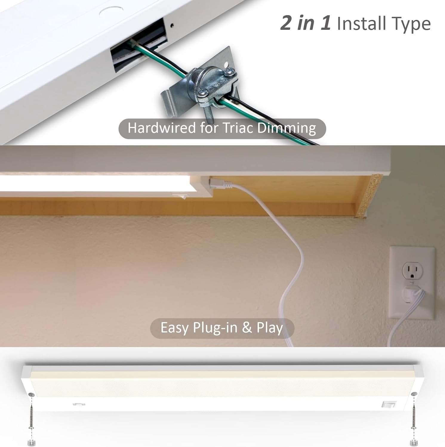 LED Under Cabinet Lighting Hardwired or Plug in, 12 Inch 6W, Dimmable 5 Color 2700K/3000K/3500K/4000K/5000K, Linkable Eyes Care Design Counter Lights for Kitchen, Sink, ETL Listed, White