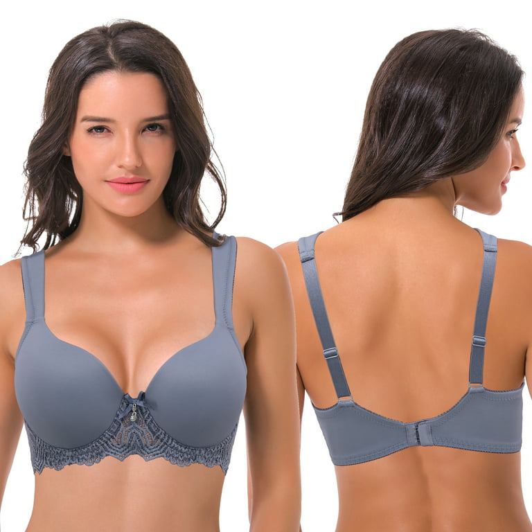 Curve Muse Women's Lightly Padded Underwire Lace Bra with Padded Shoulder  Straps-2PK-GRAY-BLUE, DARK GREEN-42B 