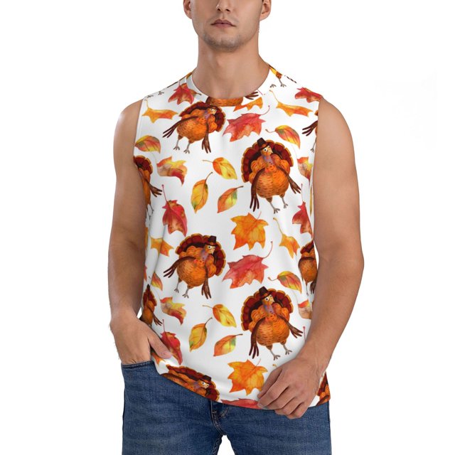 Fotbe Thanksgiving Turkey Leaves Men's Camiseta sin Mangas Estampada para Hombres, Playera Casual para Gimnasio, Entrenamiento, Playa-Medium