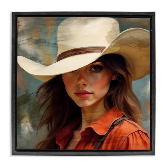 Cowgirl Gaze Beneath Hat Black Framed Floater Canvas Wall Art, design by Kim Allen