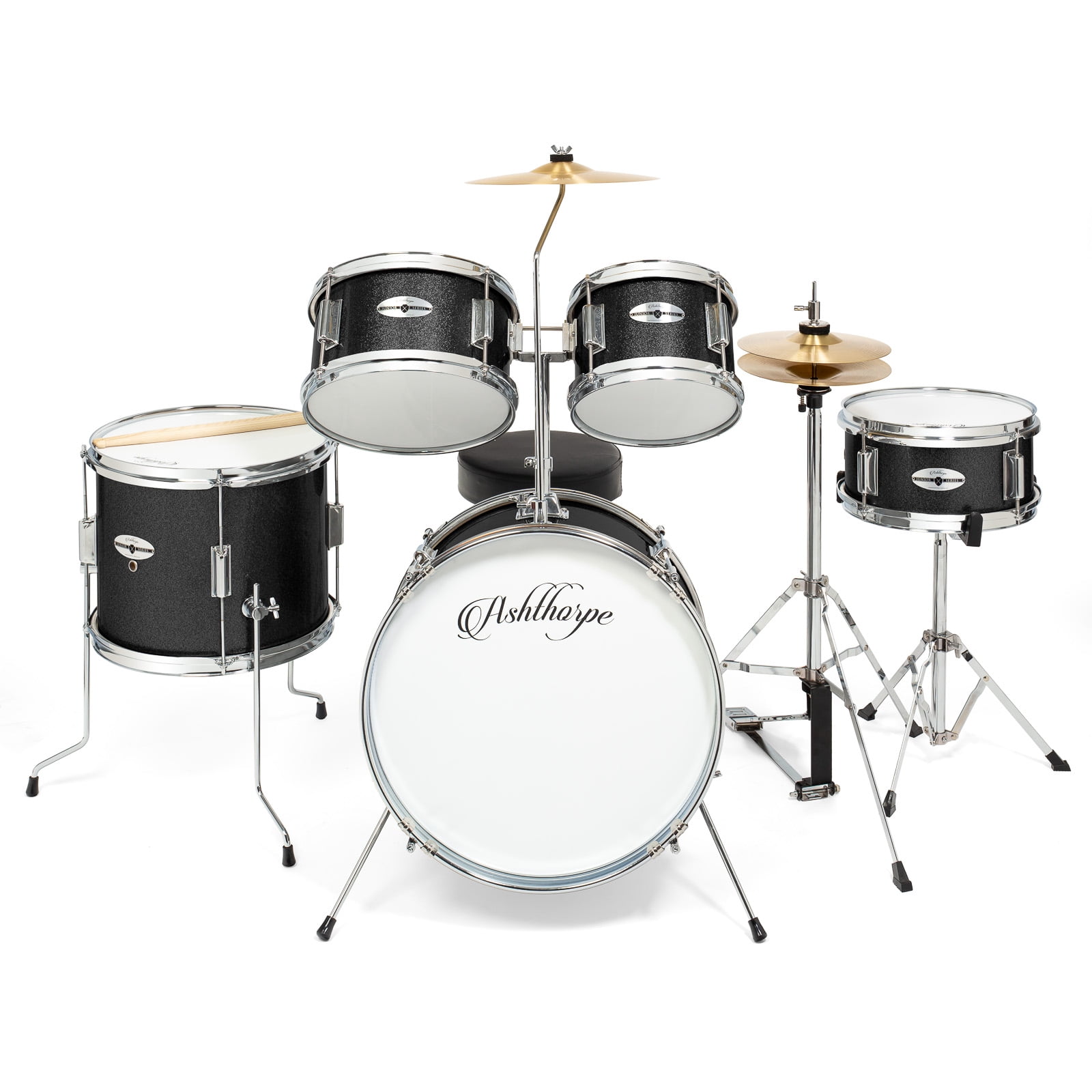 Ashthorpe 5-Piece Complete Junior Drum Set with Brass Cymbals and Drummer's Throne - Black