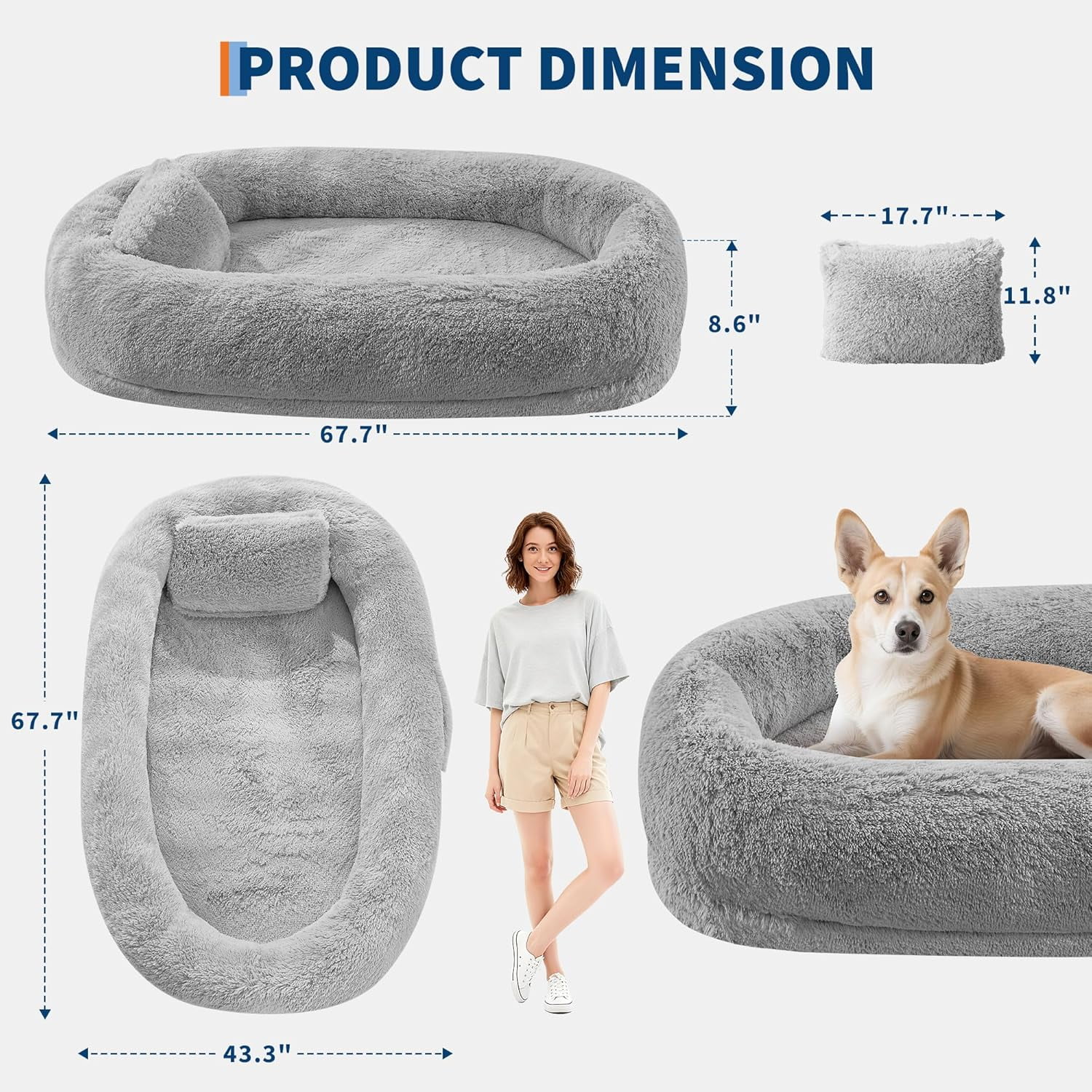 Acekid Human Dog Bed 67 Inch Adult Pets No Assembly Required Washable Fluffy Faux Fur Orthopedic Dog Bed Plump Pi