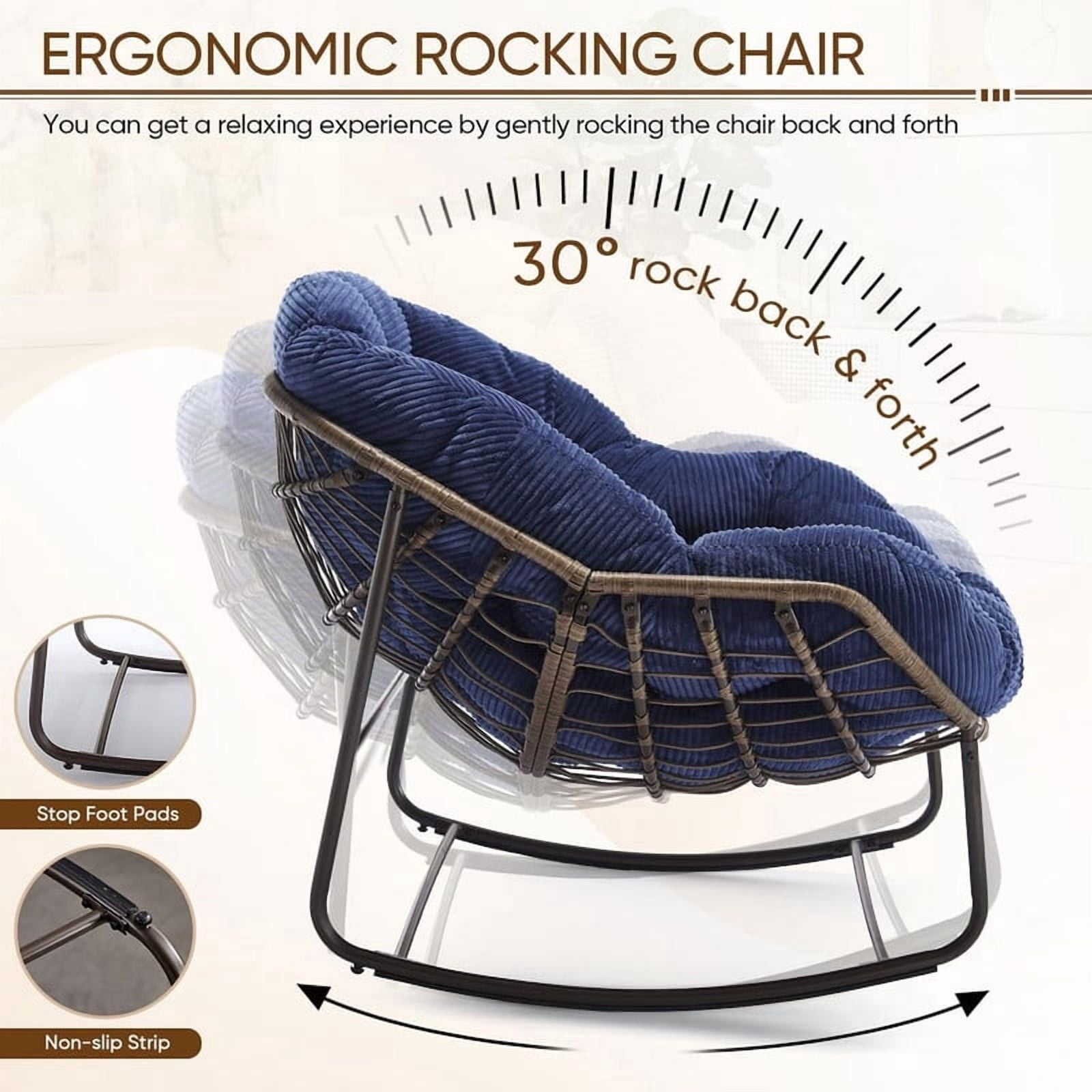 Outdoor Rattan Rocking Chair, Rocking Papasan Chair with Thick Cushion, Comfy Wicker Egg Chairs Lounge Recliner Chair, Padded Cushion Rocker