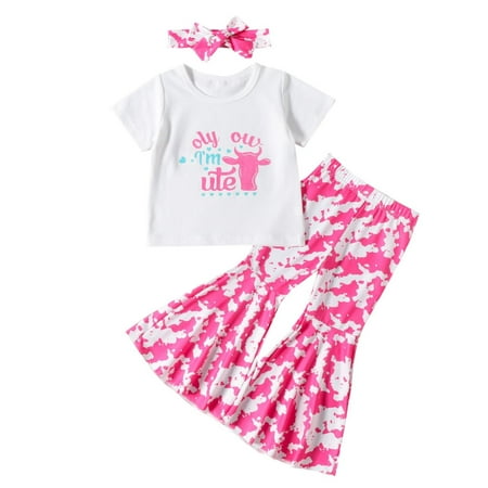 

Cute Summer Toddler Girls Outfits Set New Western Cowboy Style Cow Print Short Sleeved White T Shirt Flared Hairband Flared Pants Casual Suit For 5-6 Years