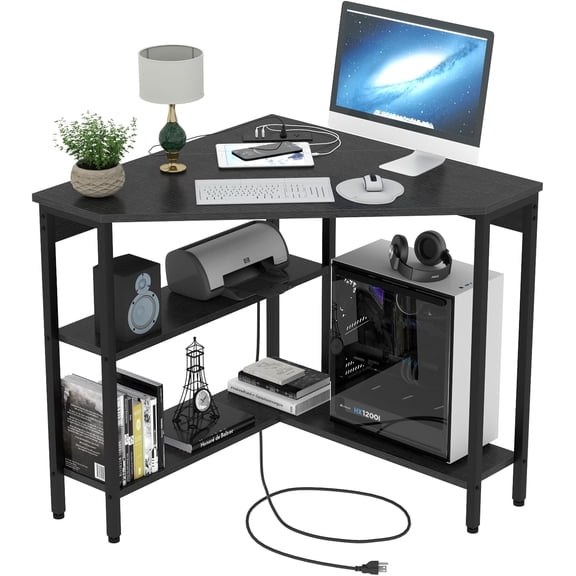 STIKELY Corner Desk with Outlets & USB Ports, 90 Degree Triangle Corner Table with CPU Stand & Storage Shelves for Small Space, Computer Table with Charging Station for Home Office Bedroom (Black)