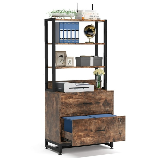 Tribesigns 2 Drawer File Cabinet With Bookshelf And Lock Printer Stand Open Storage Shelves Filing For Home Office Living Room Study Rustic Brown Com Tribesigns 2 Drawer File Cabinet With, Printer Stand File Cabinet Combo