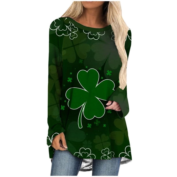 Mujeres Casual St. Patrick's Day Impreso Manga larga O-cuello Pullover Blusa Camiseta Tops Pompotops FGAJ370
