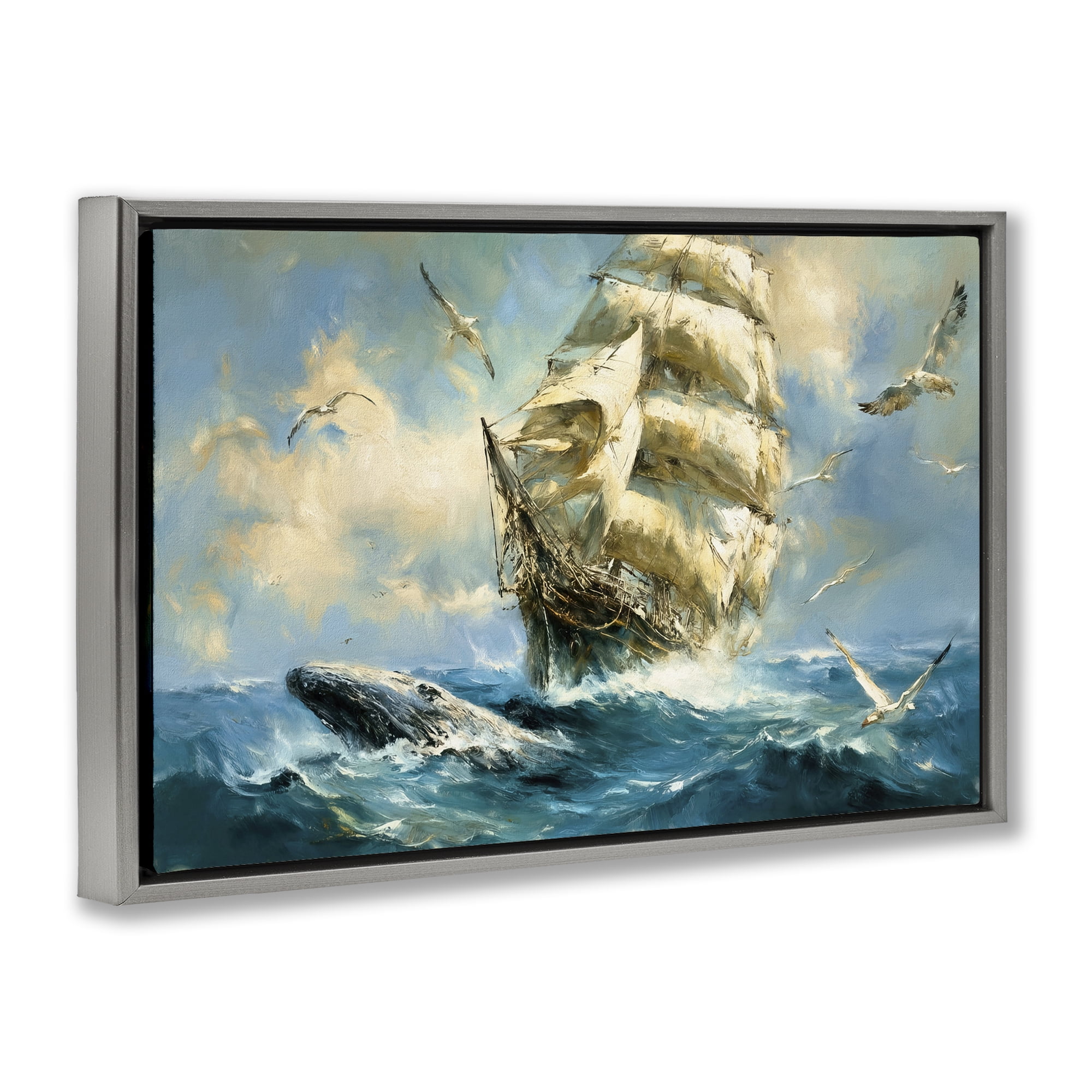 Stupell Industries Clipper Ship & The Whale Gray Framed Floater Canvas Wall Art, design by Tina LeCour