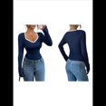 thumbnail image 3 of Camisetas Ajustadas con Cuello en Forma de Corazón para Mujer, Tops de Punto Acanalado con Mangas Largas Acampanadas Azul Marino L, 3 of 7