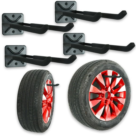 Heavy Duty Garage Tires Hooks Wall Mounted Hanger Tool Organizer Rack Hardware Steel Metal Multi-Tools Storage Utility Hooks with Screws and Anchors(4, Black)