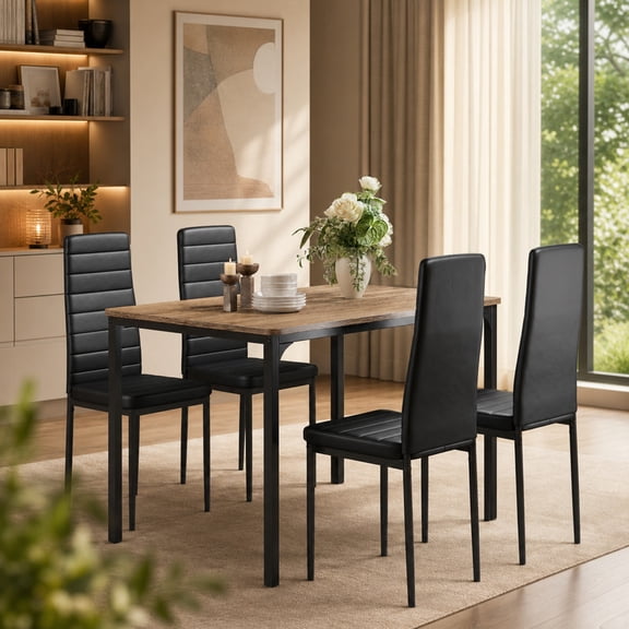Dining Table Set for 4, 5-Piece Kitchen Table and Chairs Set, Small Space Saving Dining Table Set with 4 Upholstered Faux Leather Chairs, Sturdy Metal Frame, Gray