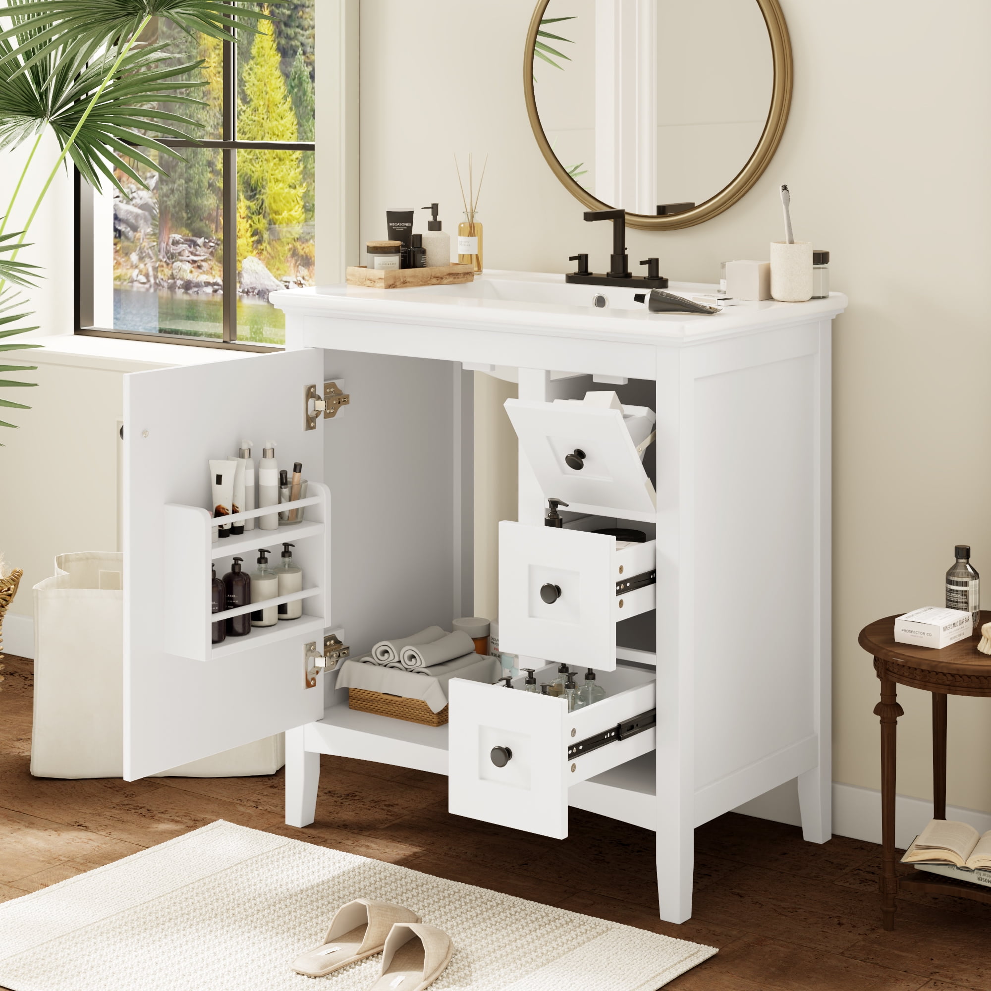 Euroco 30 Inch Bathroom Vanity with Ceramic Sink, White Bathroom with 3 Drawers, Solid Wood Frame Modern Bathroom Storage Cabinet , Ideal for Home