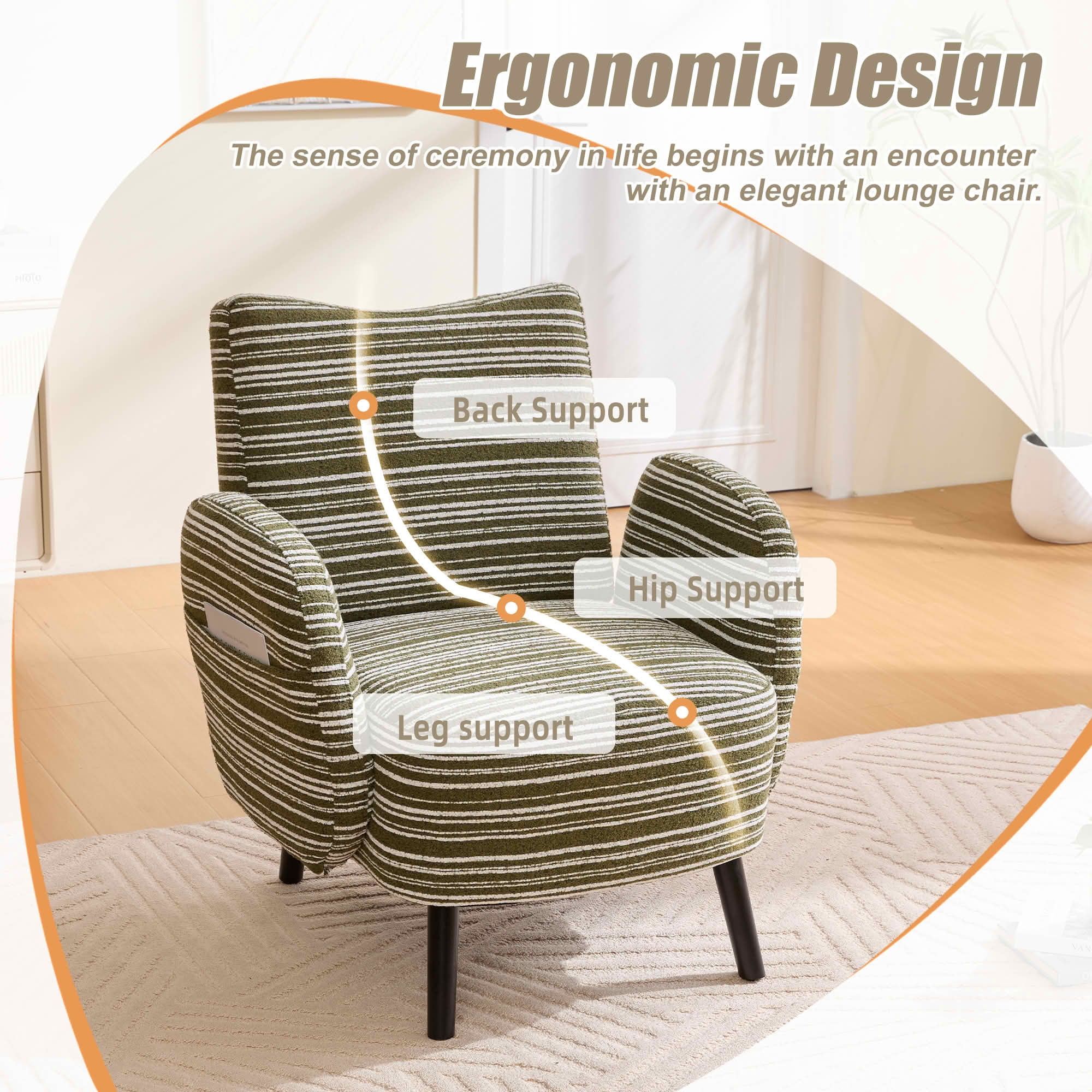 MAYEERTY Modern Boucle Armchair with Side Pocket & Wood Legs, Olive Green, for Living Room Bedroom Office
