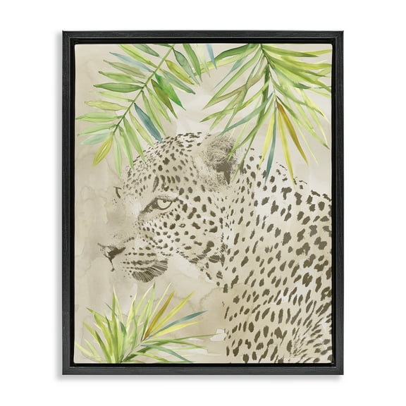 Stupell Industries Leopard Impression & Palms Animals Painting Black Floater Framed Canvas Art Print Wall Art, 17 x 21