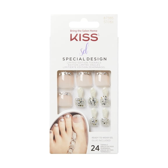 KISS Limited Edition Special Design Fake Toenails Pedicure Kit, Glittery Silver, 27 Ct.