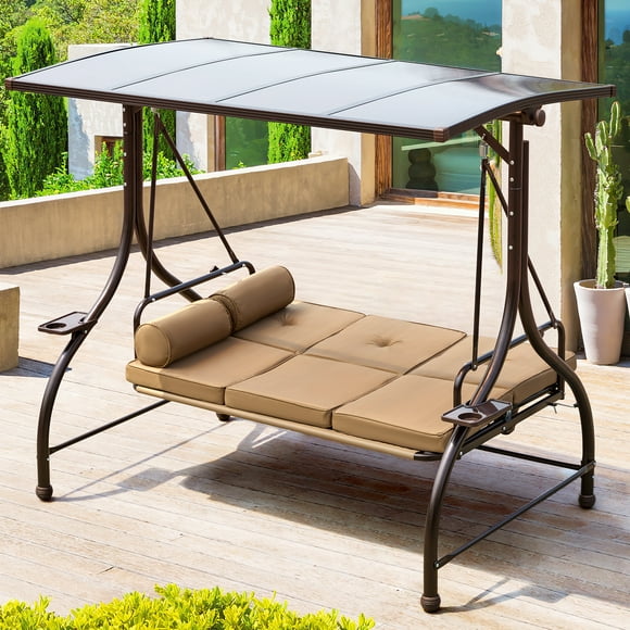 Yoleny Outdoor Patio Swing with Hardtop, 3 Person Porch Swing with 2 Side Cup Holder, Convertible Backrest Swing Bed with Cushion, 2 Pillows for Front, Porch, Lawn, Khaki