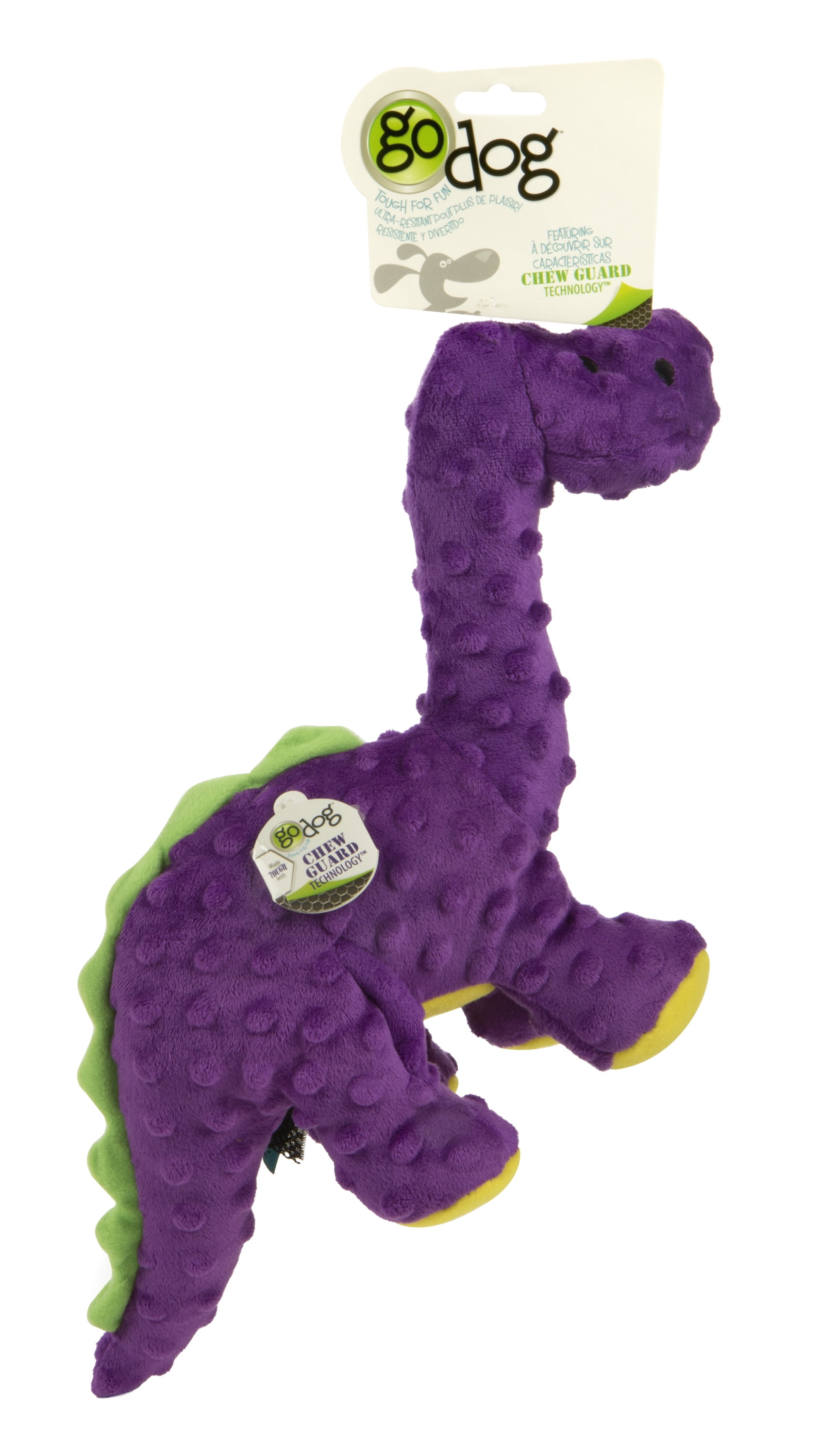 goDog Dinos Bruto with Chew Guard Technology Durable Plush Squeaker Dog Toy, Large, Purple