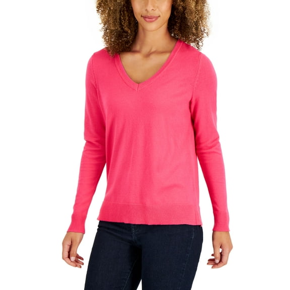 Style & Co Womens V Neck Long Sleeve Sweater Fire Pink XS
