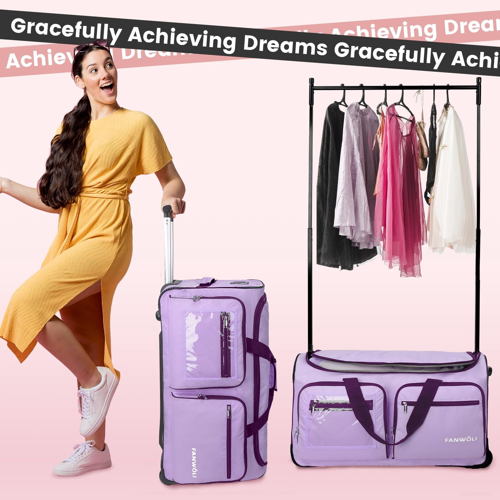 Fegat Dance Bag with Garment Rack, 23" Foldable Rolling Dance Bags Duffel Bag with Privacy Cover, Costume Suitcase for Dancers Shows Athletes