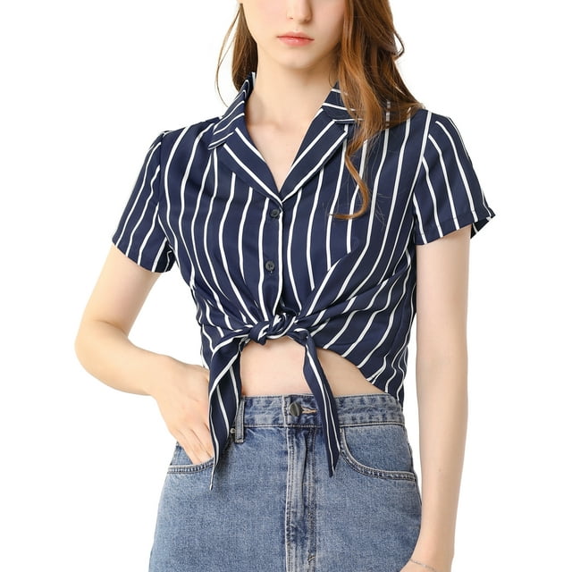 Unique Bargains Women's Stripe Button up Short Sleeve Tie Front Short Shirt