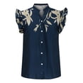 thumbnail image 4 of Pompotops Cardigan Imprimé Décontracté pour Femme, Col Montant, Volants, Manches Courtes, Boutons, Blouse, Hauts, T-Shirt, Liquidation, 4 of 6