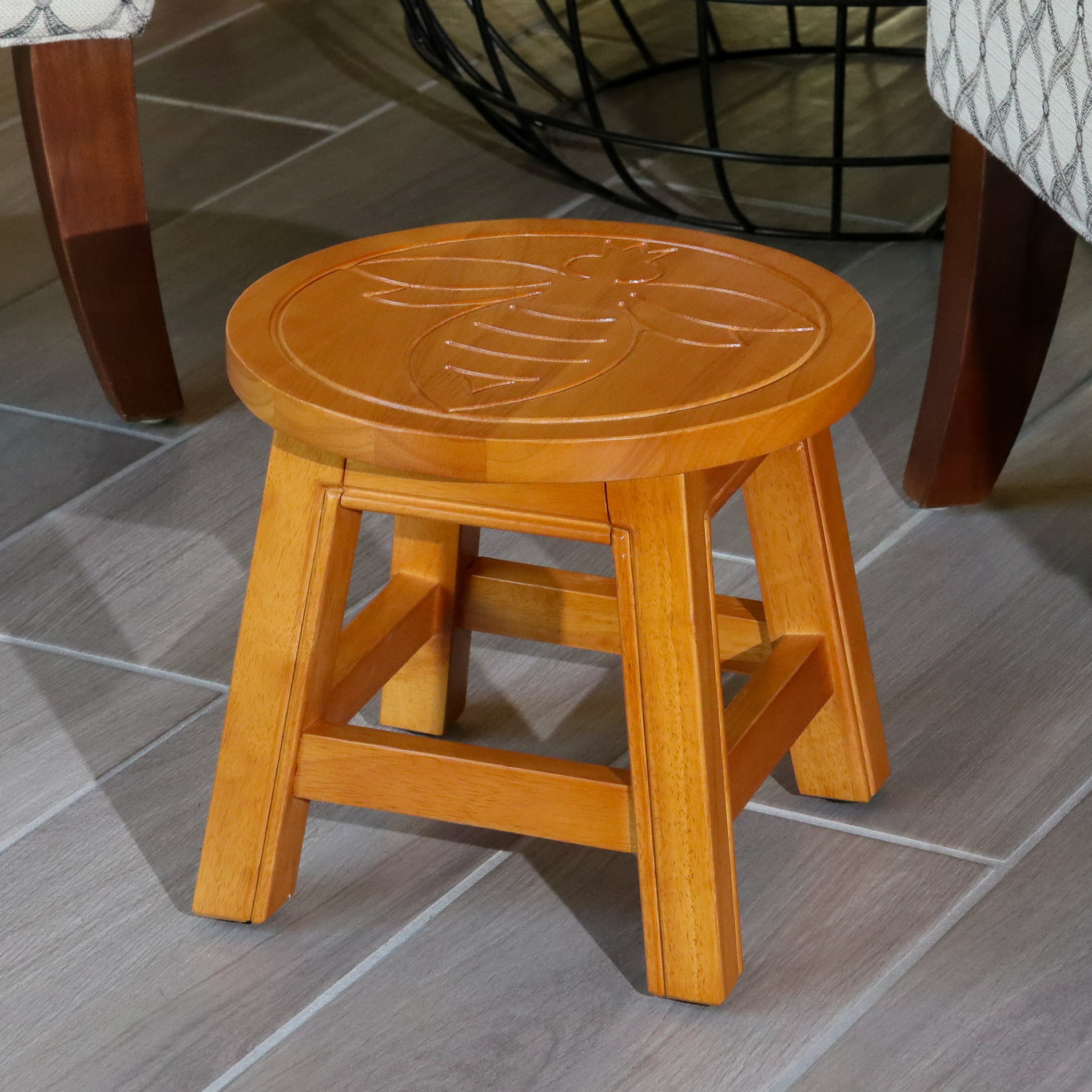 Wooden Step Stool, Round Mini Side Table, Carved with Maple Leaf Pattern,  Indoor Foot Stool for Kitchen Living Room Bedroom Bathroom, No Assembly