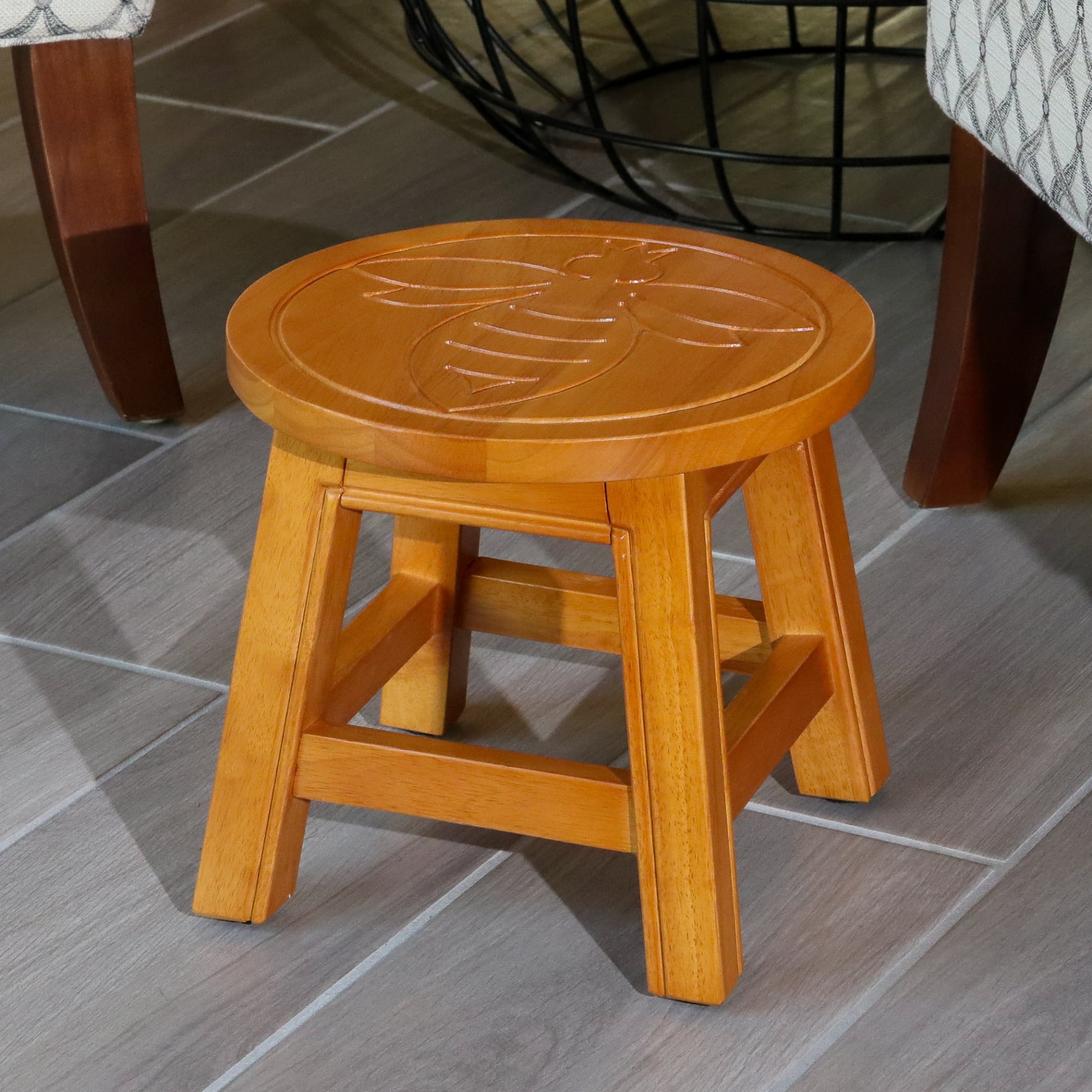 Wooden Step Stool, Round Mini Side Table, Carved with Maple Leaf Pattern,  Indoor Foot Stool for Kitchen Living Room Bedroom Bathroom, No Assembly