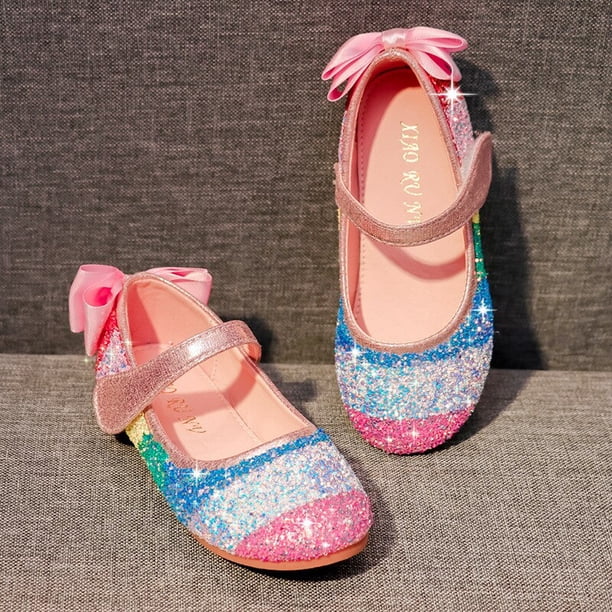 Zapatos de dibujos animados de Disney para niños, zapatos de princesa con lentejuelas de arcoíris para niñas, zapatos planos de talla grande para niños, zapatos de guisantes, plantilla de 30 18,3 CM Gao Jinjia LED