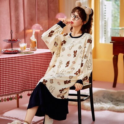 

DanceeMangoo M-3XL Summer Autumn Women Short Cotton Sleepwear Home Nightshirt Women Causal Sleepwear Ladies Nightgown Women Dress