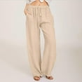 thumbnail image 2 of KDFJPTH Women Casual Solid Color Trouser Pant Cotton Blend Drawstring Elastic Waist Pocket Long Wide Leg Pants, 2 of 4