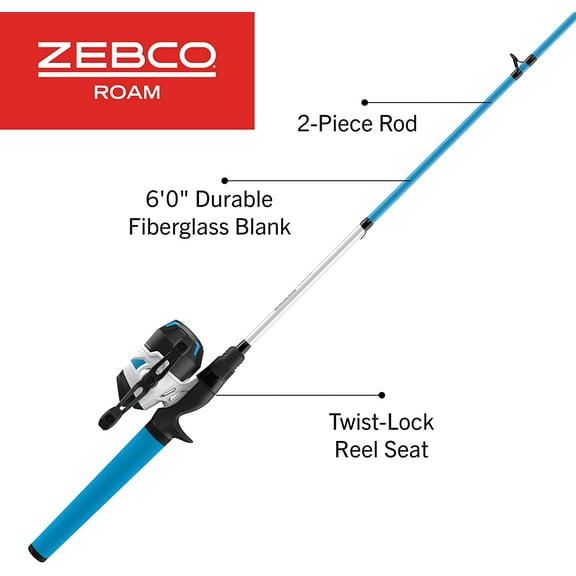 Roam Spincast Reel and Fishing Rod Combo, 6-Foot 2-Piece Fiberglass Fishing Pole with ComfortGrip Handle, Quickset Anti-Reverse Fishing Reel, Pre-Spooled with 10-Pound Line